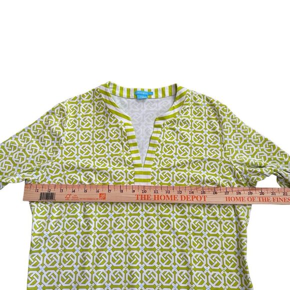 J McLaughlin Catalina Cloth Top Green White‎ Geometric 3/4 Sleeve Size Large - Picture 5 of 8